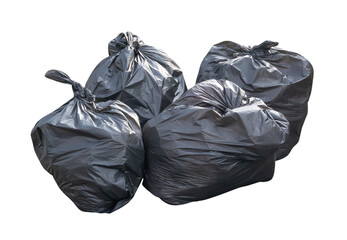 Garbage in black garbage bag in stack at garbage dump isolated on white background with clipping...
