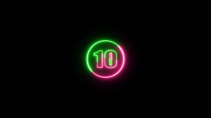 Number ten/10 glowing in the on the black background. neon light number 10 isolated on background. Abstract purple and green color digit neon effect.