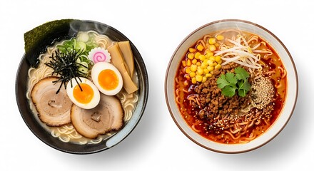 Two bowls of steaming Japanese ramen with broth, noodles, egg, and vegetables on white isolated background
