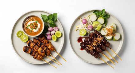 Top-down view of two plates of Indonesian Sate skewers, chicken and beef, with peanut sauce, rice cakes, and fresh garnishes on white isolated background, appetizing