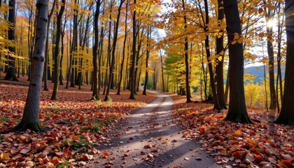 Fototapeta premium a beautiful autumn scene with a winding forest path covered in fallen leaves in shades of bronze and burgundy, in a quiet nature reserve, under a warm afternoon glow.