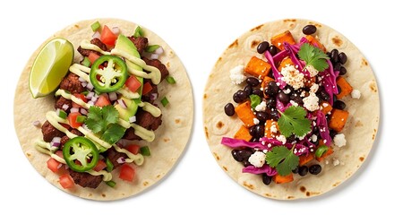Two plates of Mexican tacos with beef, salsa, cilantro, lime, and tortillas on white isolated background