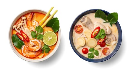 Two bowls of spicy Thai Tom Yum soup with shrimp, mushrooms, herbs, and lime on white isolated background