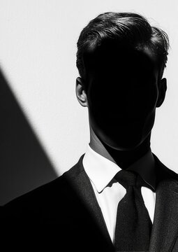 Man in sharp suit and tie stands against light wall, face hidden in deep shadow, creating minimalist black and white portrait with strong contrast, mystery, elegance, quiet authority.

