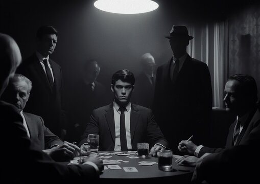 A tense clandestine mafia meeting in a smoky dim-lit room, men in suits sit around a poker table with cards and drinks, spotlight casts dramatic shadows, evoking noir mystery.


