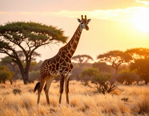 Obraz premium Majestic Giraffe Standing Gracefully in Golden Sunset Landscape
