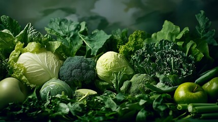 Fresh green vegetables create a vibrant display of healthy food, including broccoli, cabbage, kale, spinach and apples.