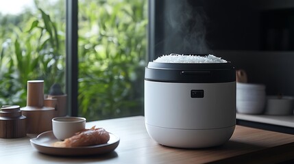 Freshly steamed rice sits in a modern rice cooker, complemented by a simple breakfast arrangement on a wood table