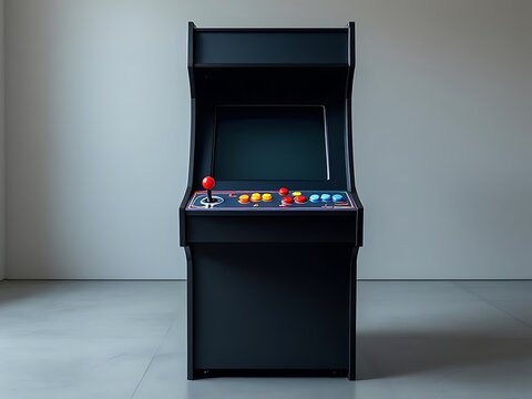 Modern arcade machine with colorful buttons in a clean minimalist setting. Ideal for gaming themes, UI/UX mockups, or advertising templates
