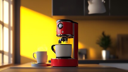 Red espresso machine brews coffee into a white mug on a kitchen counter near a window with sunlight.