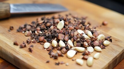 Preparing fresh garlic cloves on a wooden cutting board with knife shows a delicious kitchen food ingredient.