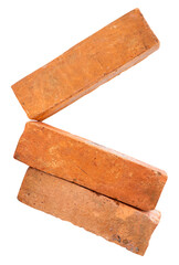 Side view of three cracked old red or orange bricks in stack isolated with clipping path in png file format