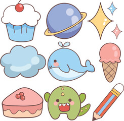 Cupcake, Saturn, three stars, clouds, whale, strawberry ice cream, strawberry cake, cute green dragon, and pencil.