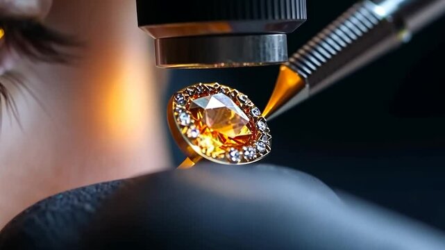 Jeweler examining a brilliant cut diamond ring with tweezers under a microscope set against a black background with a close up view