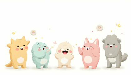 Obraz premium Cute Cartoon Creatures Smiling and Playing on White Background