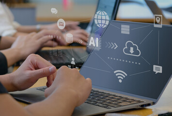 ビジネスシーン、生成AIを活用したデジタルワークフロー、クラウド、DX、デジタルネットワークイメージ