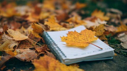 Autumn leaf rests on a notebook amidst fallen foliage on ground outdoors. Autumn journal prompts