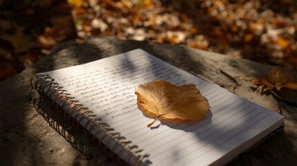 Autumn leaf rests on a notebook amidst fallen foliage on ground outdoors. Autumn journal prompts