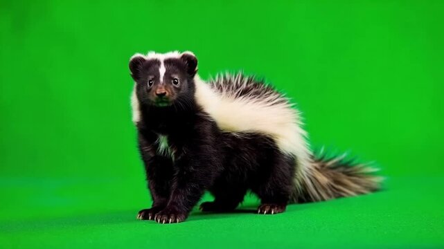 A skunk standing on a green screen with black and white fur and a fluffy tail looking forward green screen animal video