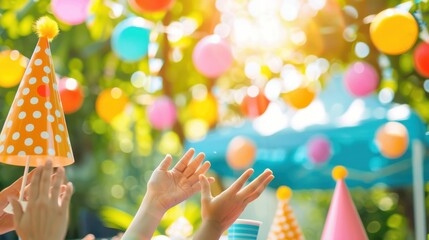 Joyful Outdoor Celebration with Clapping Hands, Party Hats & Colorful Decor in Bright Sunlight
