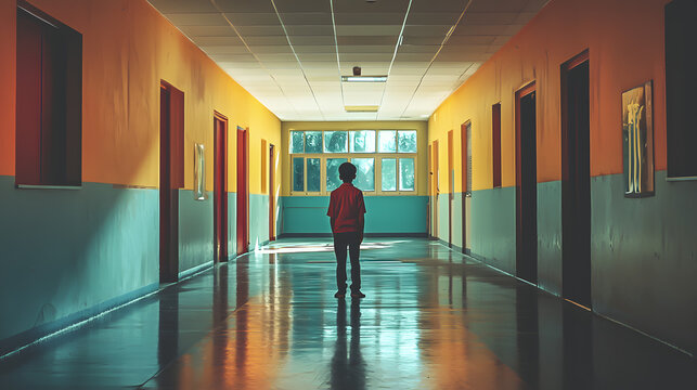 A boy standing alone on an empty school hallway corridor alone digital art design