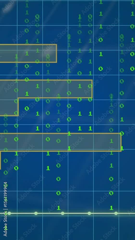 Poster binary code and data processing animation over blue technical grid background