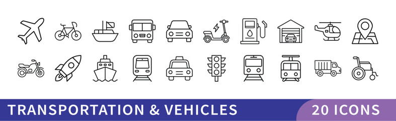 Transportation and Vehicles Icon Set, A collection of 20 icons representing various transportation and vehicles, including cars, airplanes, boats, bikes, and public transit symbols.
