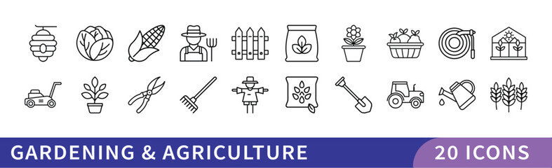 Gardening and Agriculture Icon Set, A set of 20 icons representing gardening and agriculture, including plants, tools, farming equipment, and gardening symbols.
