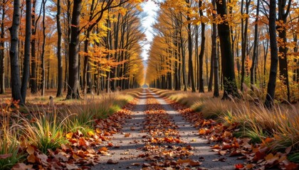 Fototapeta premium a beautiful autumn scene with a serene lane through the woods covered in fallen leaves in shades of chestnut and sienna, bordered by wild grasses and fallen twigs, under a clear sky.