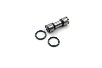 a metallic, cylindrical component, mechanical shaft or cam, with serrated or geared ends. A black,...
