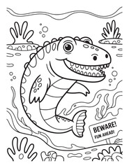 Cartoon dinosaur swimming in water coloring page design