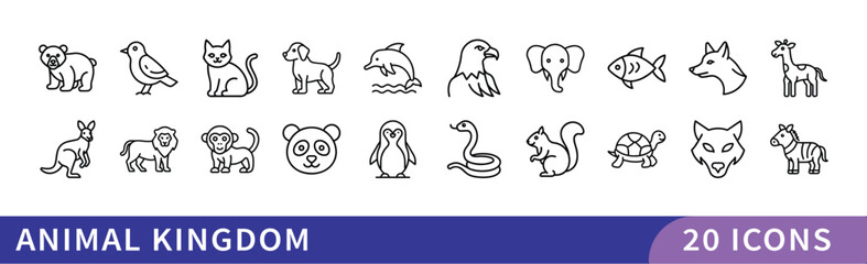 Animal Kingdom Icon Set, A set of 20 icons depicting animals from various species, including mammals, birds, reptiles, and sea creatures.
