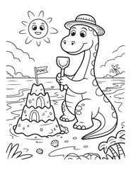 Dinosaur building sandcastle on beach coloring page style