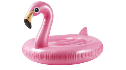 Pink inflatable flamingo isolated on transparent background with smooth surface and shiny texture