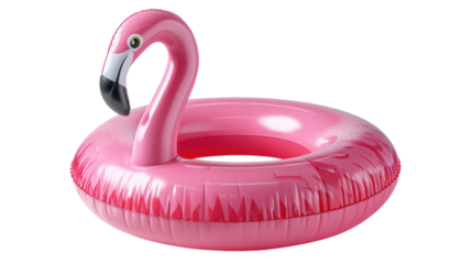 Inflatable pink flamingo pool float isolated transparent background with shiny surface