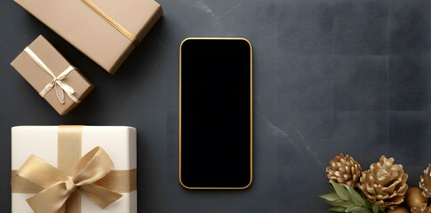 Modern smartphone with black screen placed on a dark textured surface, next to a cardboard gift box. This high-contrast flatlay is perfect for product mockups, tech presentations, and minimalist adver