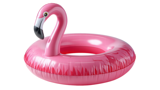 Inflatable pink flamingo pool float isolated transparent background with shiny surface