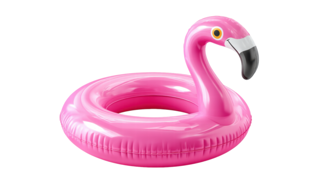 Inflatable pink flamingo pool float isolated transparent background with shiny surface