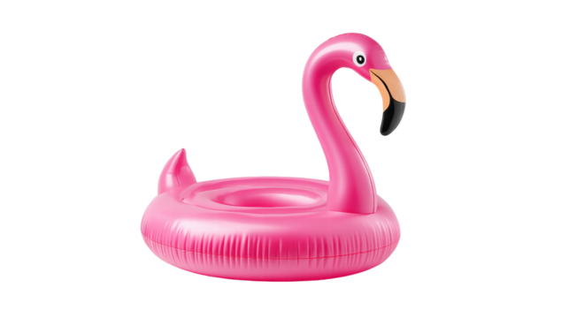 Inflatable pink flamingo pool float isolated transparent background with bright colors and fun