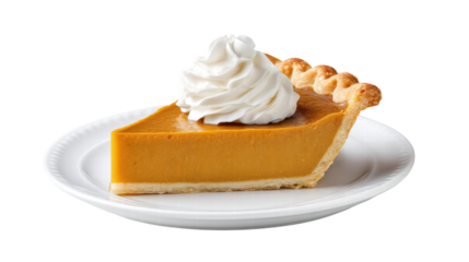 Slice of pumpkin pie isolated on transparent background with whipped cream topping on white plate