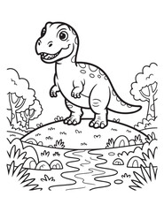 Dinosaur coloring page with trees and a winding stream