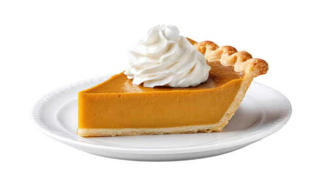 Slice of pumpkin pie isolated on transparent background with whipped cream topping on white plate