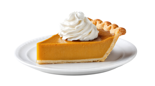 Slice of pumpkin pie isolated on transparent background with whipped cream topping on white plate