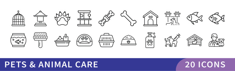 Set of 20 Pets & Animal Care Icons, A collection of 20 icons representing pets and animal care, featuring pet accessories, food, and care symbols for pet owners and animal lovers.
