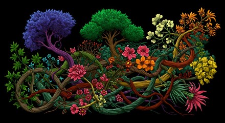 A vibrant digital illustration of a fantastical garden, where colorful pixel art trees and flowers intertwine on a dark background in a magical display.