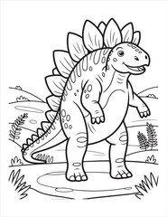 Cartoon stegosaurus standing in a landscape coloring page