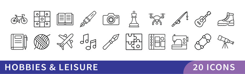 Set of 20 Hobbies & Leisure Icons, A collection of 20 icons representing hobbies and leisure activities, featuring sports, arts, and recreational activities for personal interest and relaxation.
