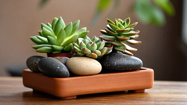 Close-up view of a succulent arrangement in a rectangular terracotta pot including various succulent types and decorative pebbles on a wooden table with blurred background