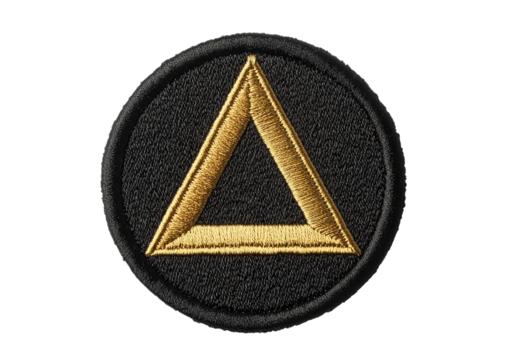 Minimalist triangle symbol in black circle with golden border and shadow Isolated on a transparent background