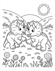 Two triceratops in a field coloring page illustration